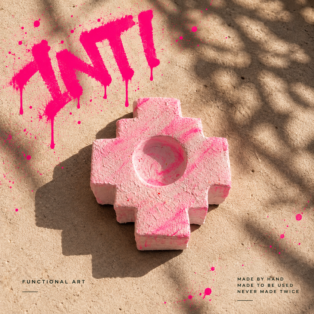 INTI 004 handmade Chakana incense holder in washed pink with a raw, textured surface