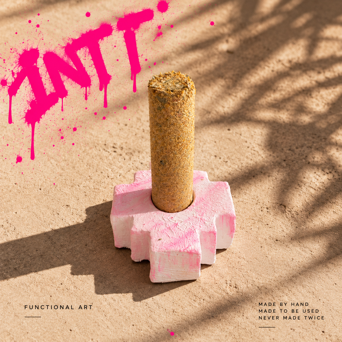 Second view of INTI 004, a handmade Chakana incense holder in washed pink