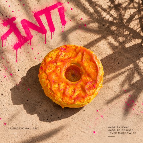 INTI 005 handmade round incense holder in orange, yellow and pink with a raw texture