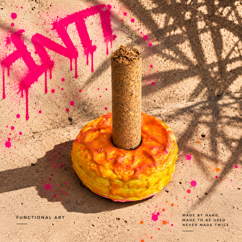 Second view of INTI 005, a handmade round incense holder in orange, yellow and pink