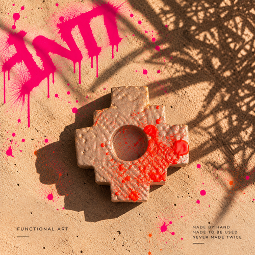 INTI 006 handmade Chakana incense holder in soft blush with fluorescent red detailing