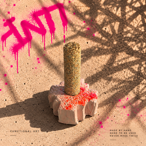 Second view of INTI 006, a handmade Chakana incense holder in soft blush with fluorescent red detailing