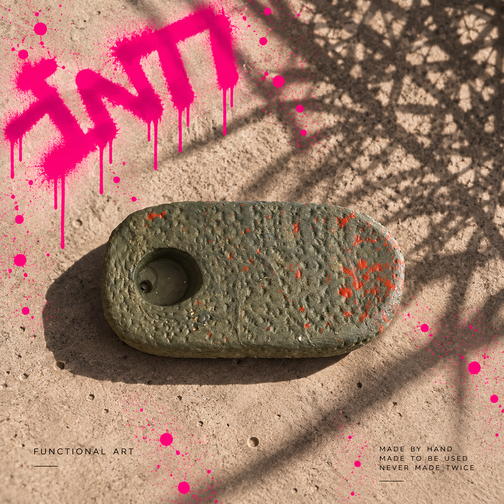 INTI 007 handmade elongated incense holder in olive with fluorescent orange-red accents