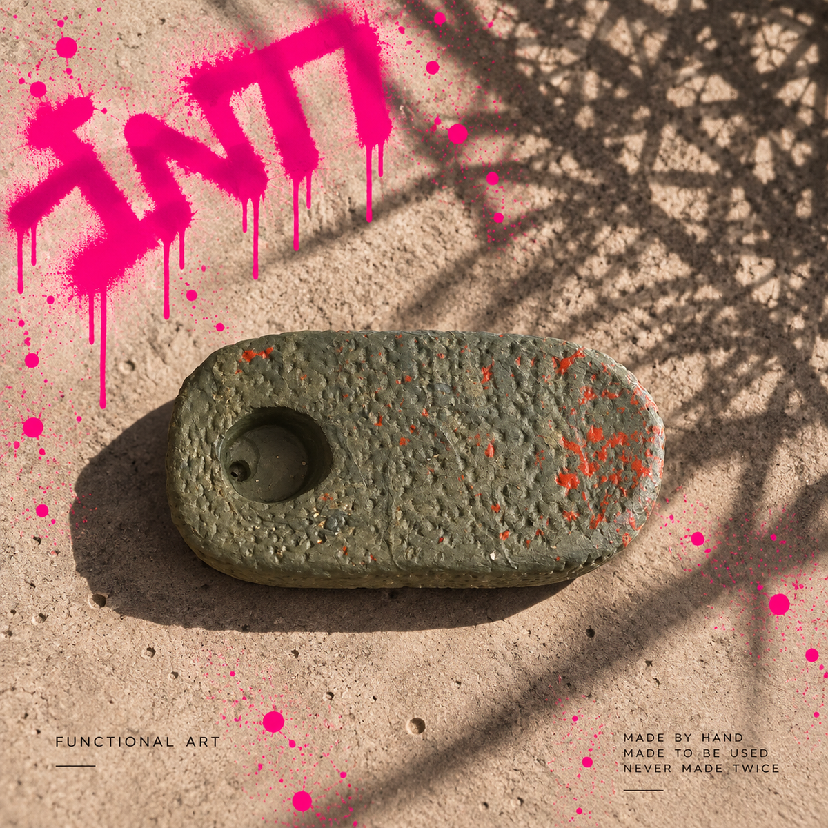 INTI 007 handmade elongated incense holder in olive with fluorescent orange-red accents