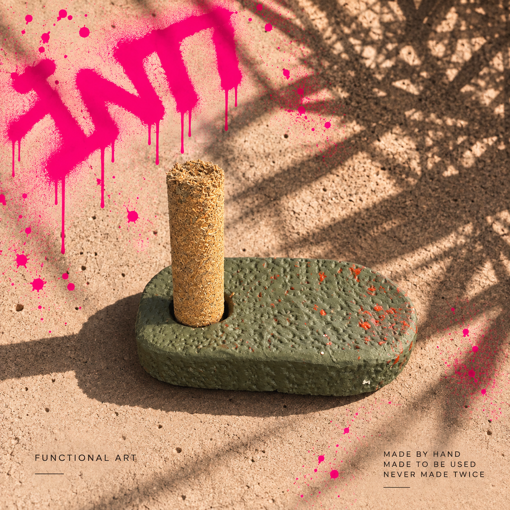 Second view of INTI 007, a handmade elongated incense holder in olive with orange-red accents