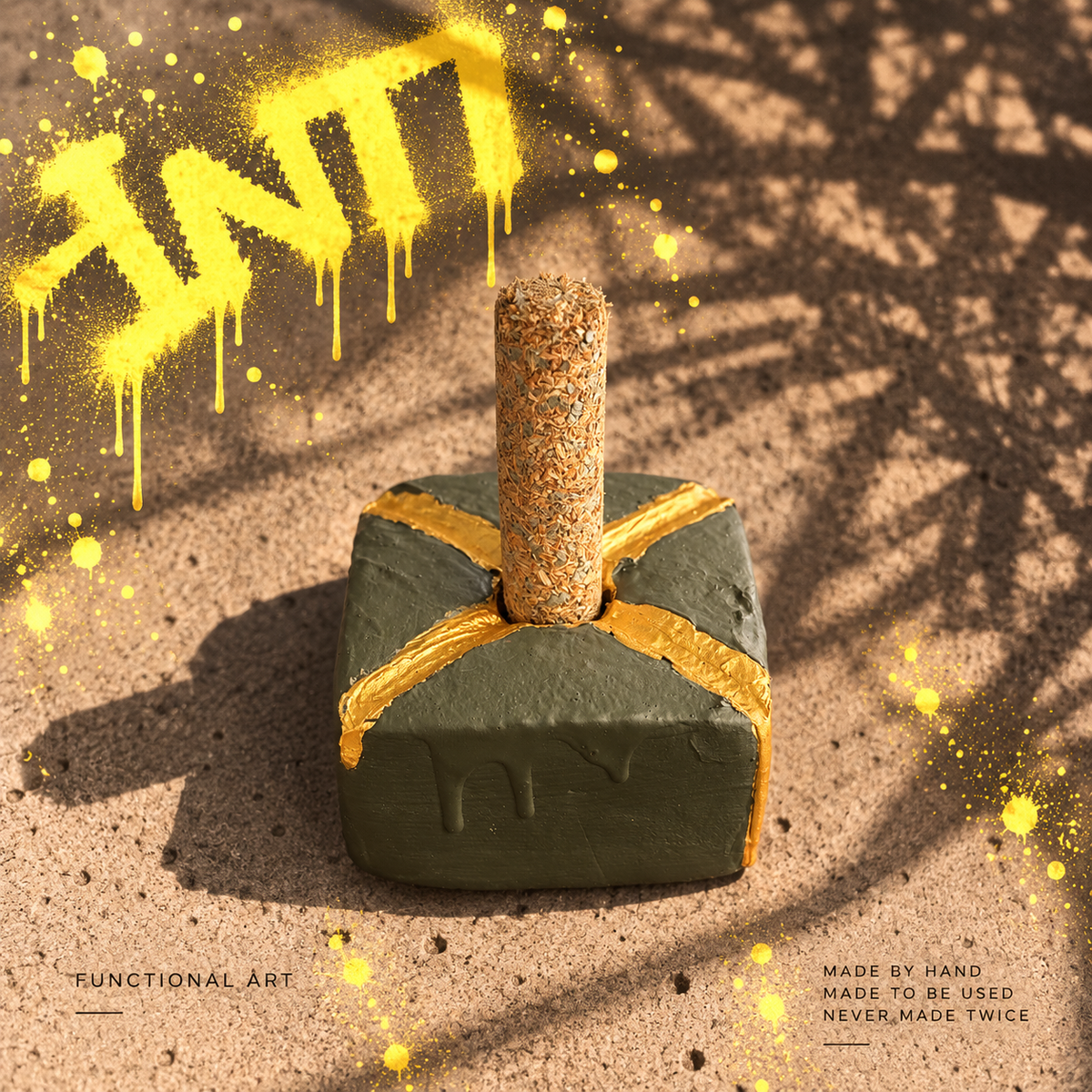 Second view of INTI 008, a handmade sculptural incense holder in deep olive and gold