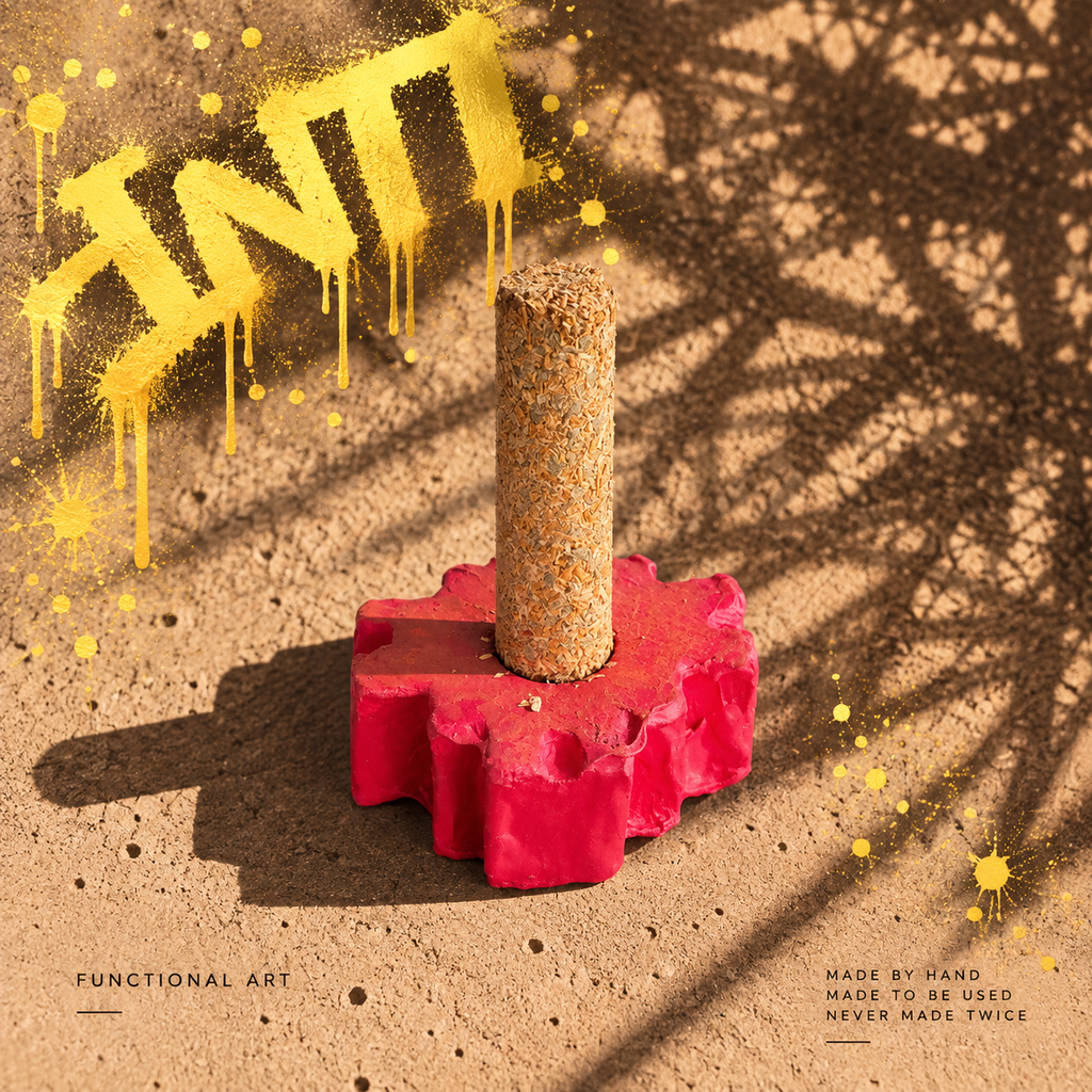 Second view of INTI 009, a handmade Chakana incense holder in bold pink and orange