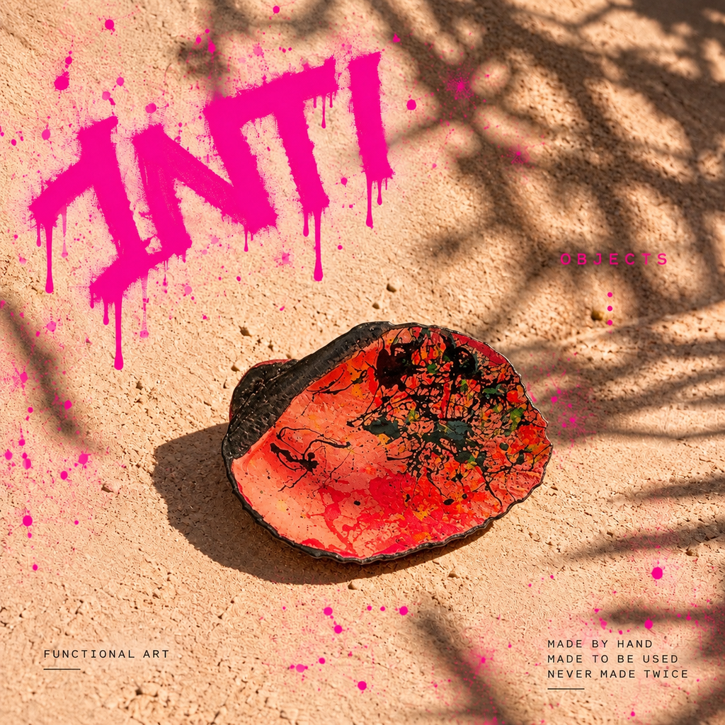 INTI 001 hand-painted shell, coral, red and orange with expressive black detailing
