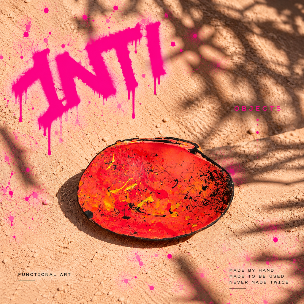 INTI 002 hand-painted shell, fiery red and orange with yellow flashes and black splatter