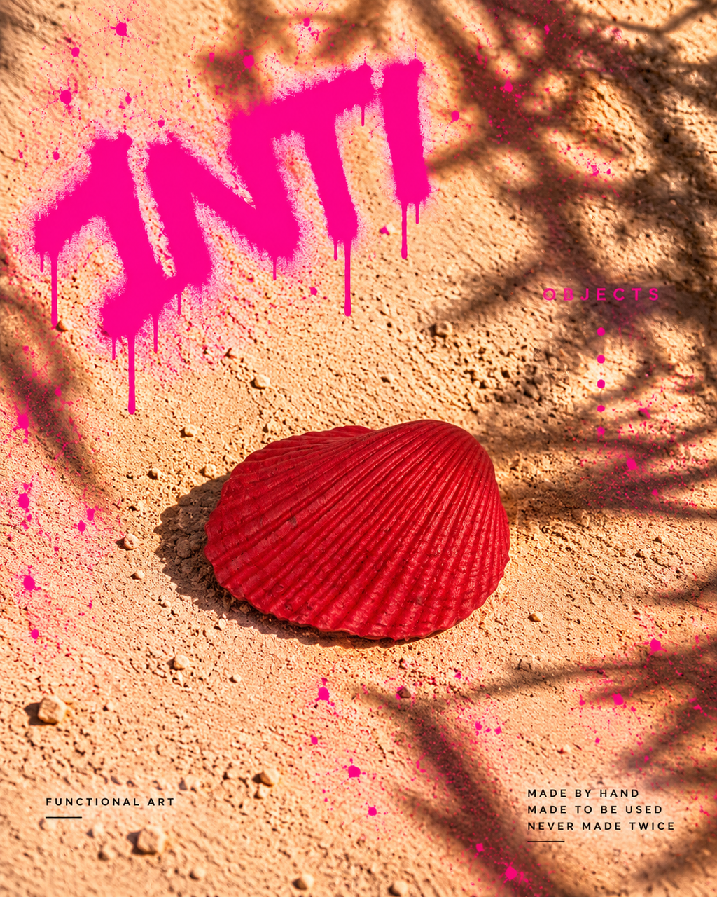 INTI 001 hand-painted shell, coral, red and orange with expressive black detailing, alternate view