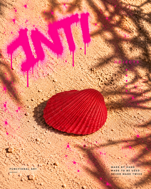 INTI 001 hand-painted shell, coral, red and orange with expressive black detailing, alternate view