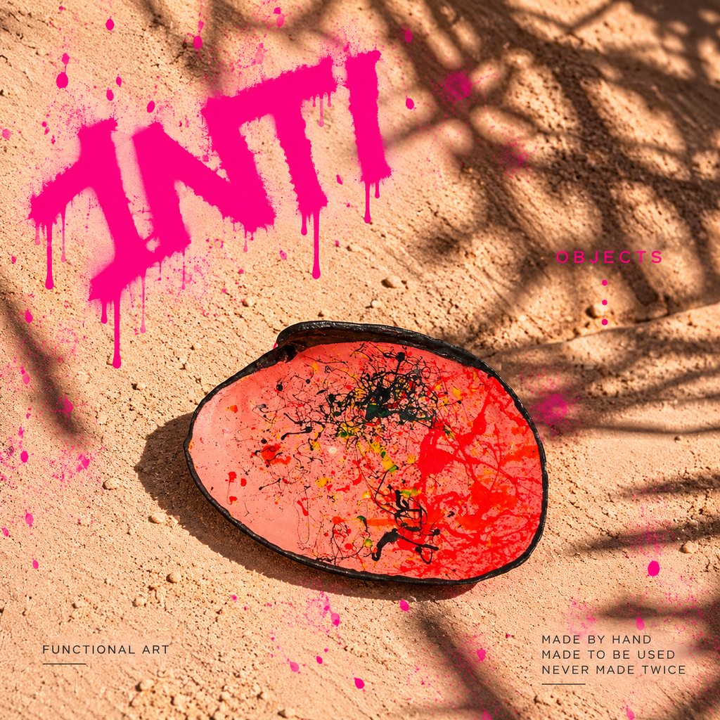 INTI 003 hand-painted shell, coral pink inside with red, orange and black splatter, glossy red outside