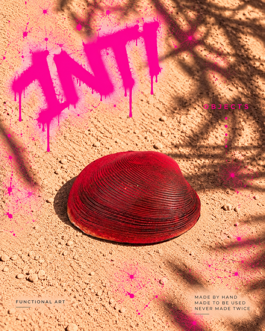 INTI 003 hand-painted shell, coral pink inside with red, orange and black splatter, glossy red outside, alternate view