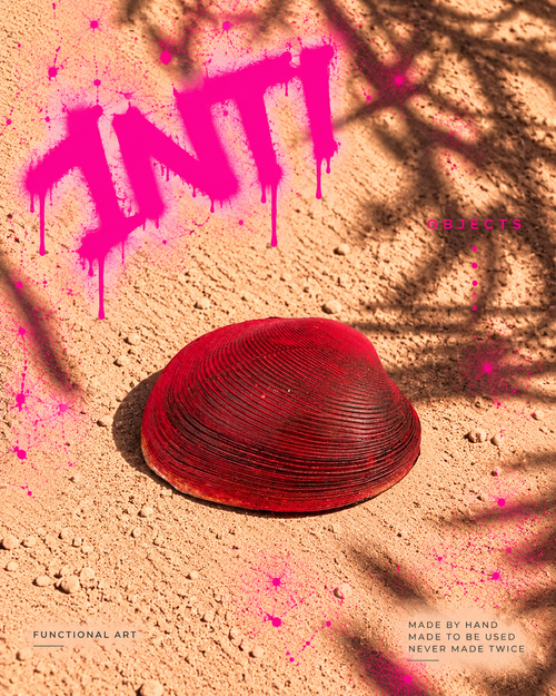 INTI 003 hand-painted shell, coral pink inside with red, orange and black splatter, glossy red outside, alternate view
