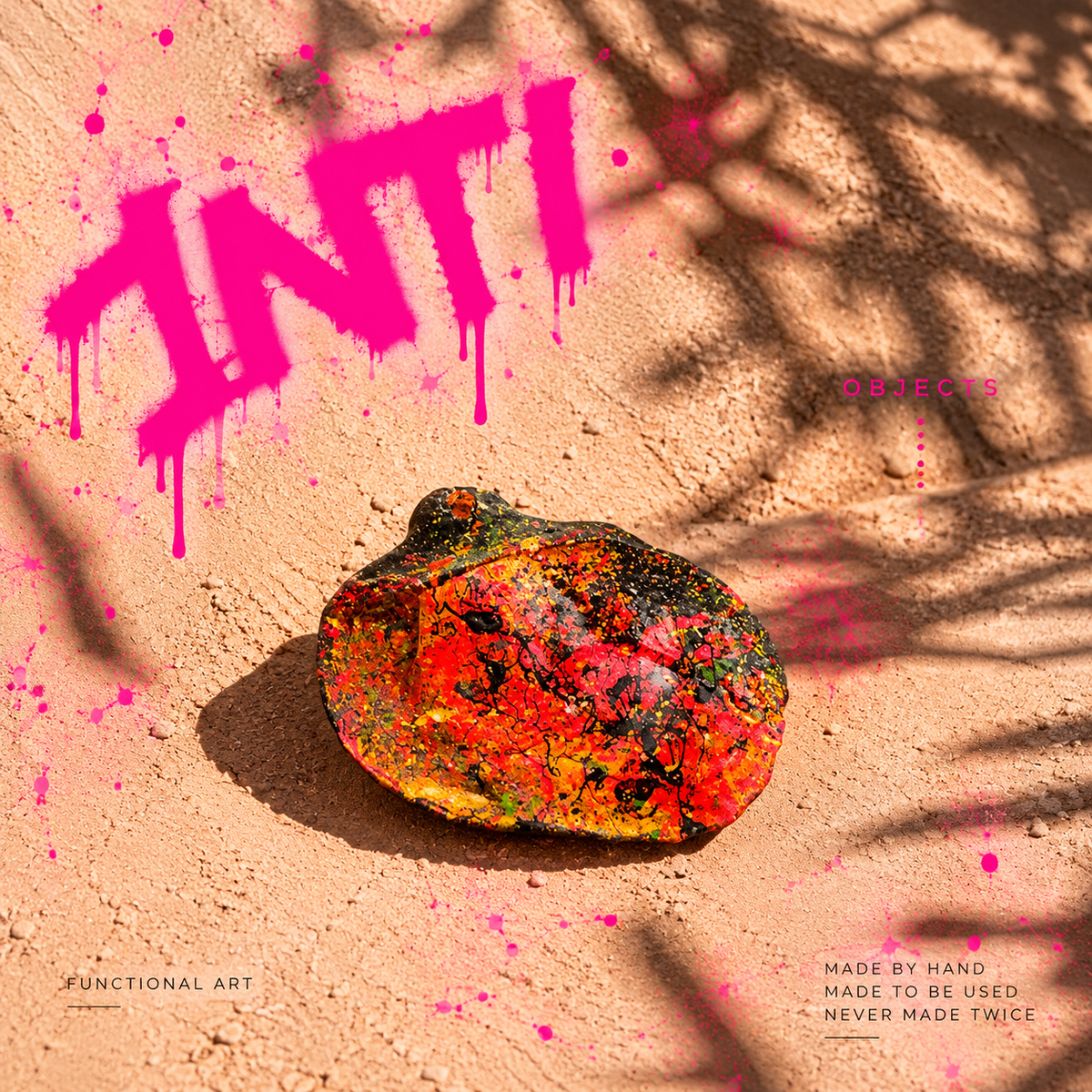 INTI 004 hand-painted shell, red, orange and golden yellow with bold black splatter