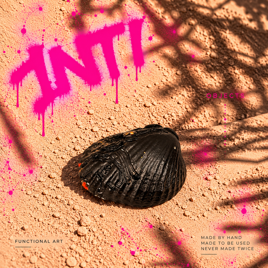 INTI 004 hand-painted shell, red, orange and golden yellow with bold black splatter, alternate view